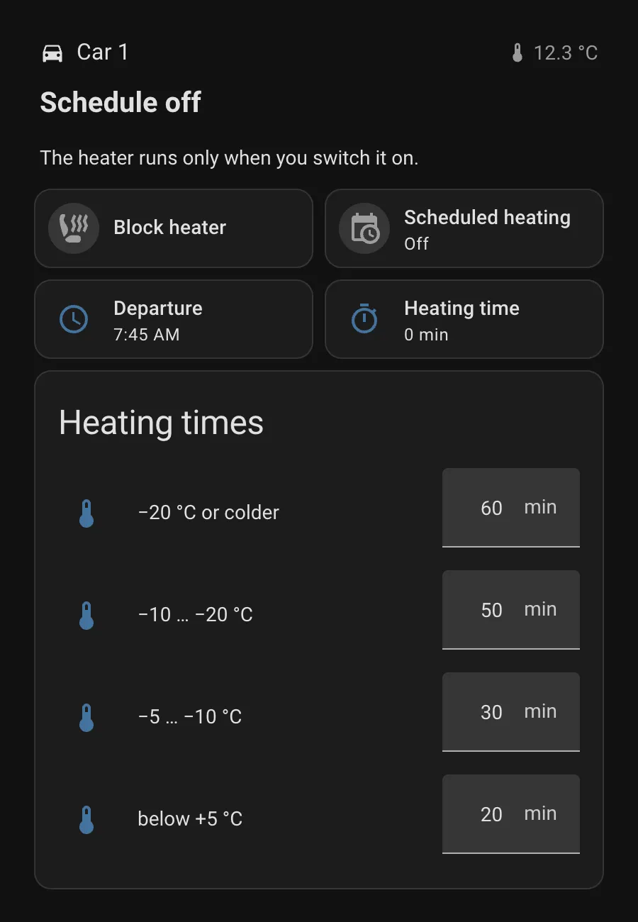 Home Assistant dashboard section for one car: a status line, block heater, scheduled heating, departure time and heating time.